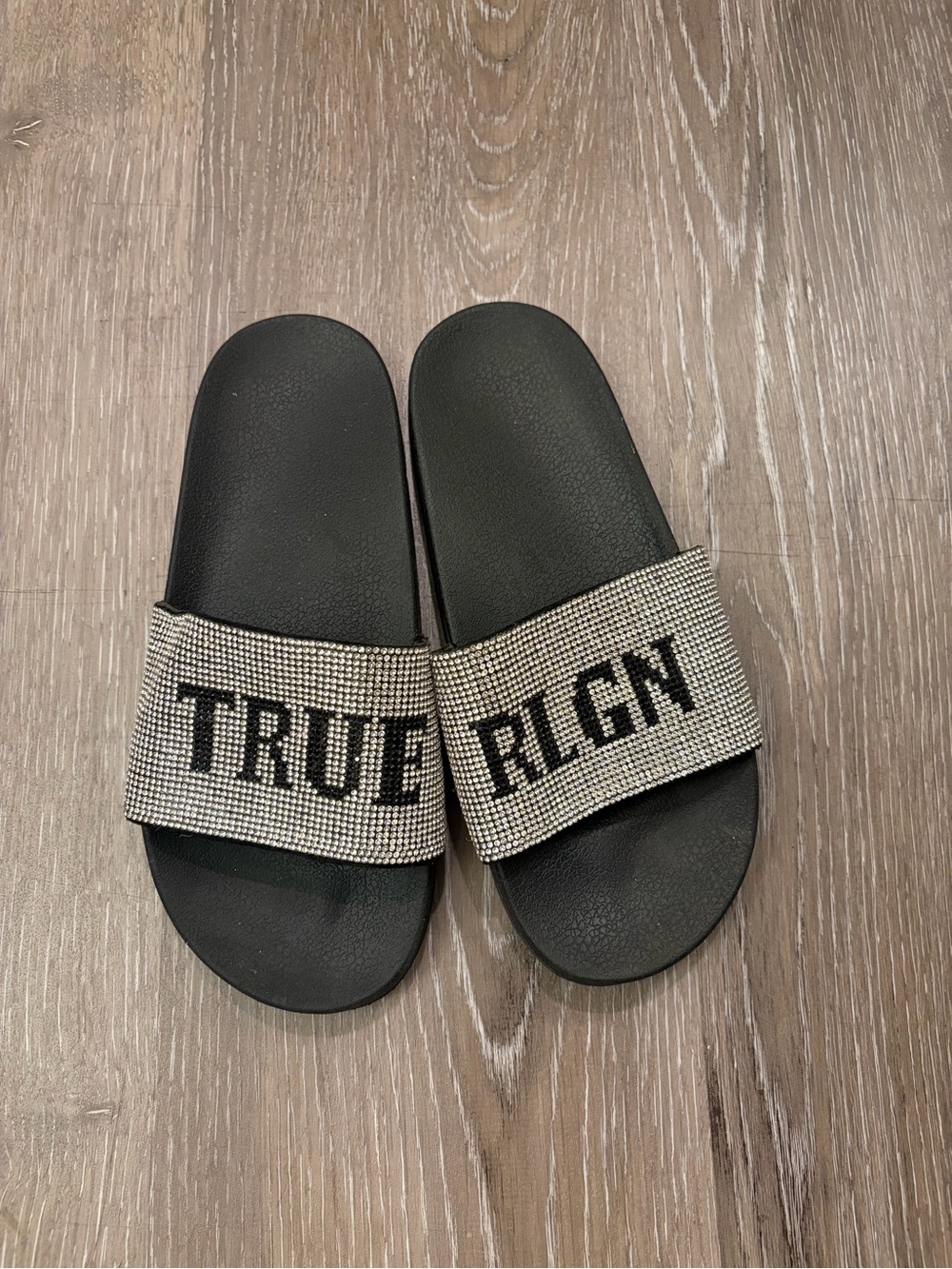 True Religion Meyer Black Rhinestone Crystal Sandals